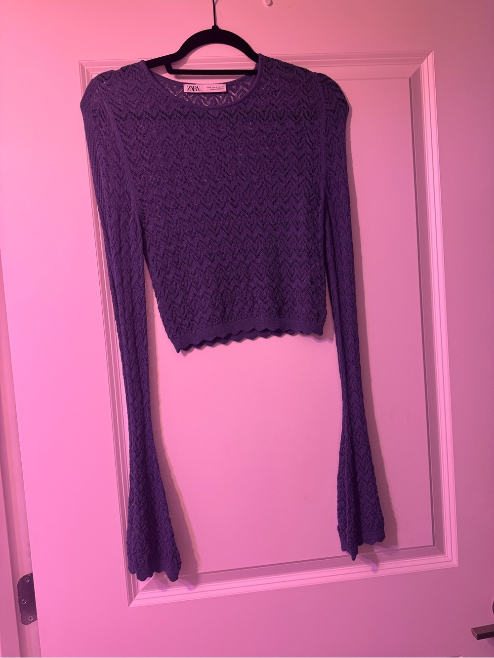 Zara Pointelle Knit Bell Sleeve Top – Blue – Size M - Picture 5 of 6